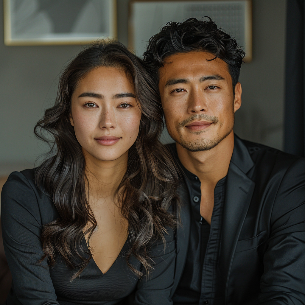 Asian couple in black suits smiling on chair, 4k raw photo