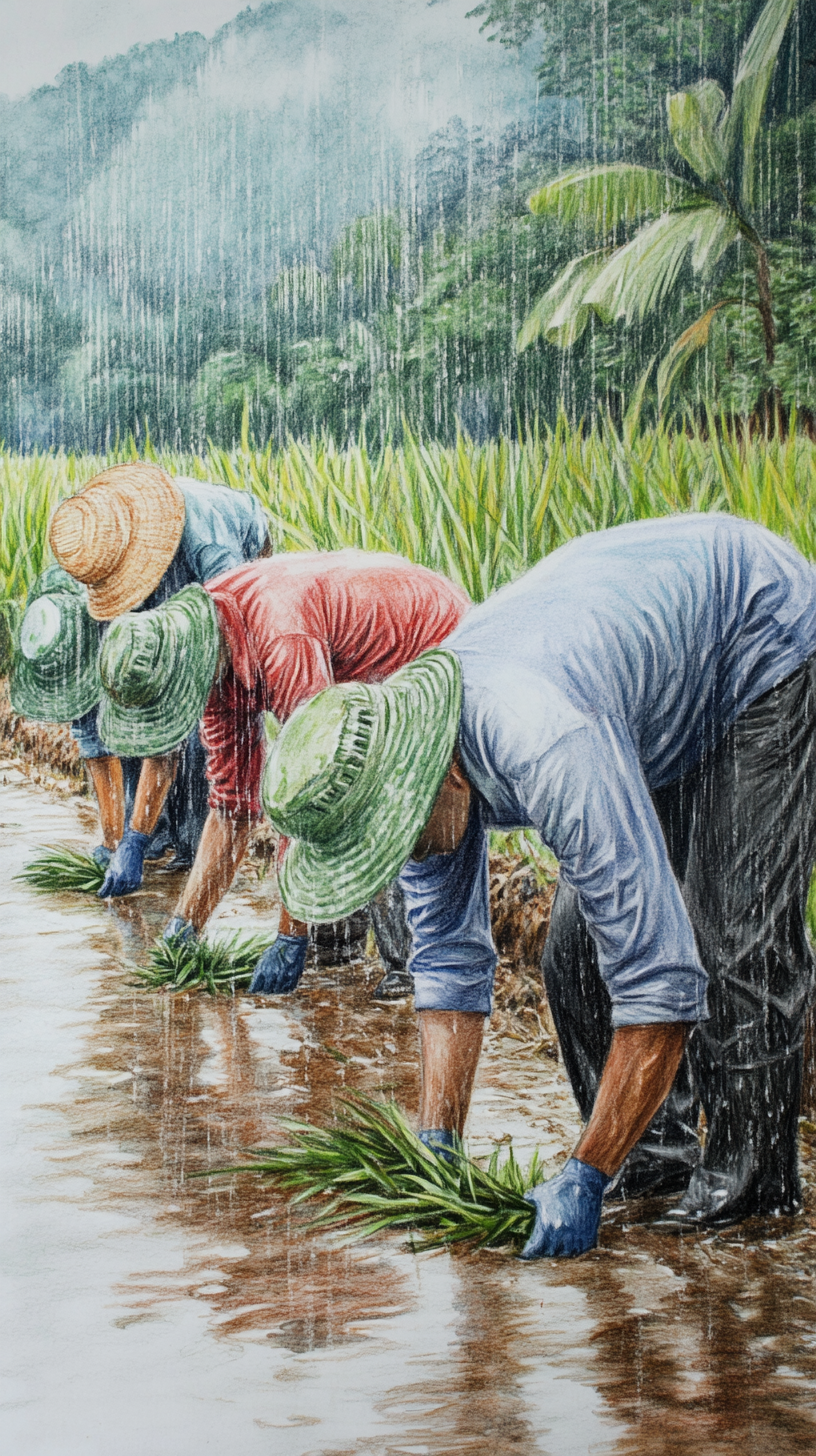 Asian farmers cultivating rice in green, rainy fields. Hardworking and rewarded.