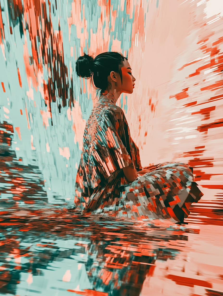 Asian girl, glitch art, Beeple style, retro-futuristic collage.