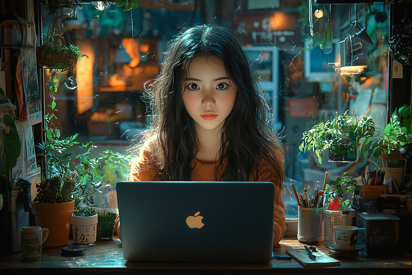 Asian girl creating anime in coffee shop in Vietnam.