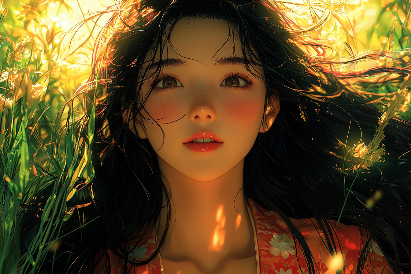 Asian girl drawing well in vibrant anime style.