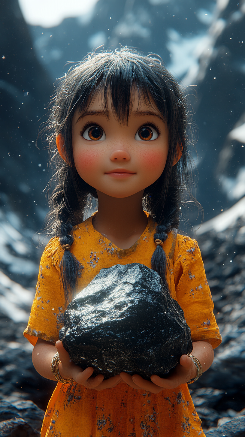 Asian girl finds magical black rock in mountains