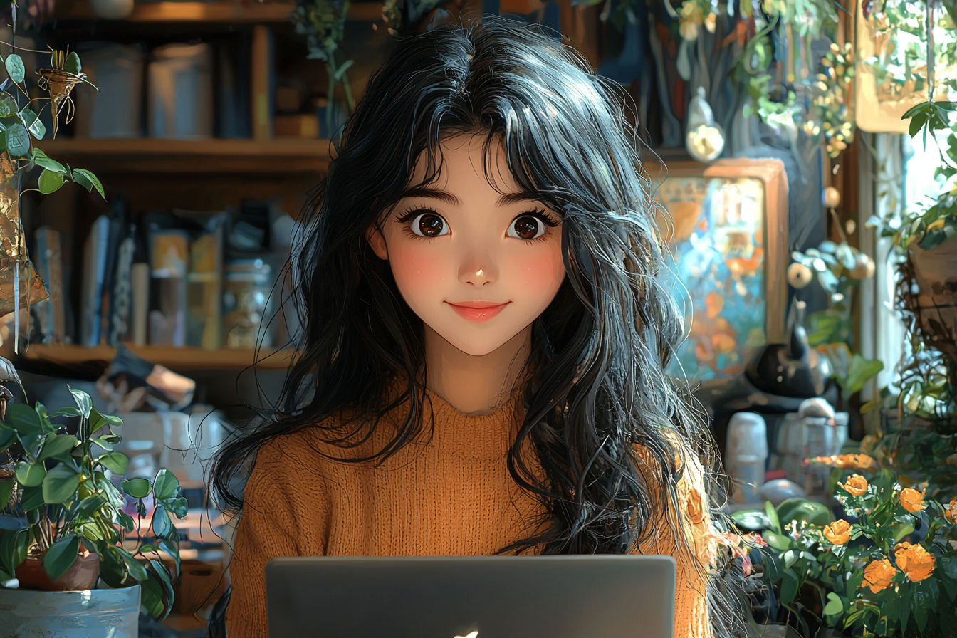 Asian girl in cafe looking at laptop with vibrant colors.