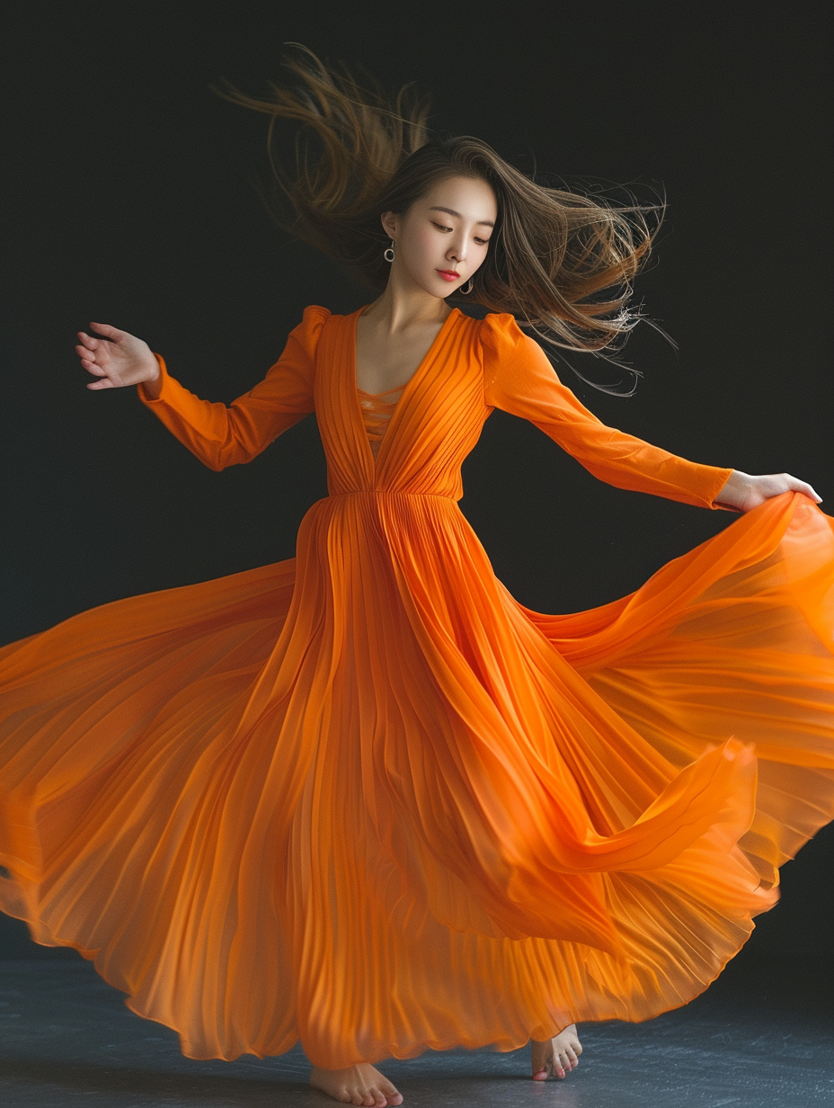 Asian girl in orange dress dancing studio photoshoot 4k