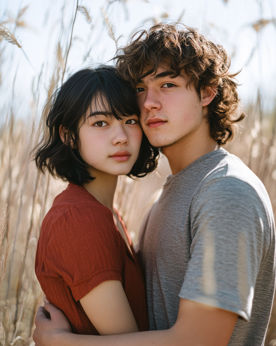 Asian girl in red holding boyfriend's shoulder, Tarkovsky style.