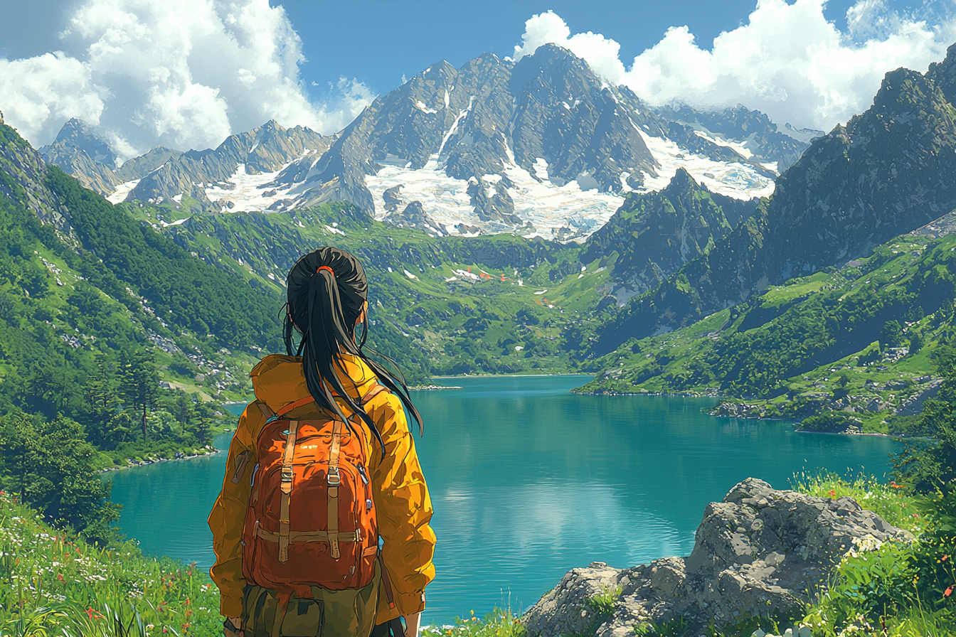 Asian girl in yellow jacket near teal lake.