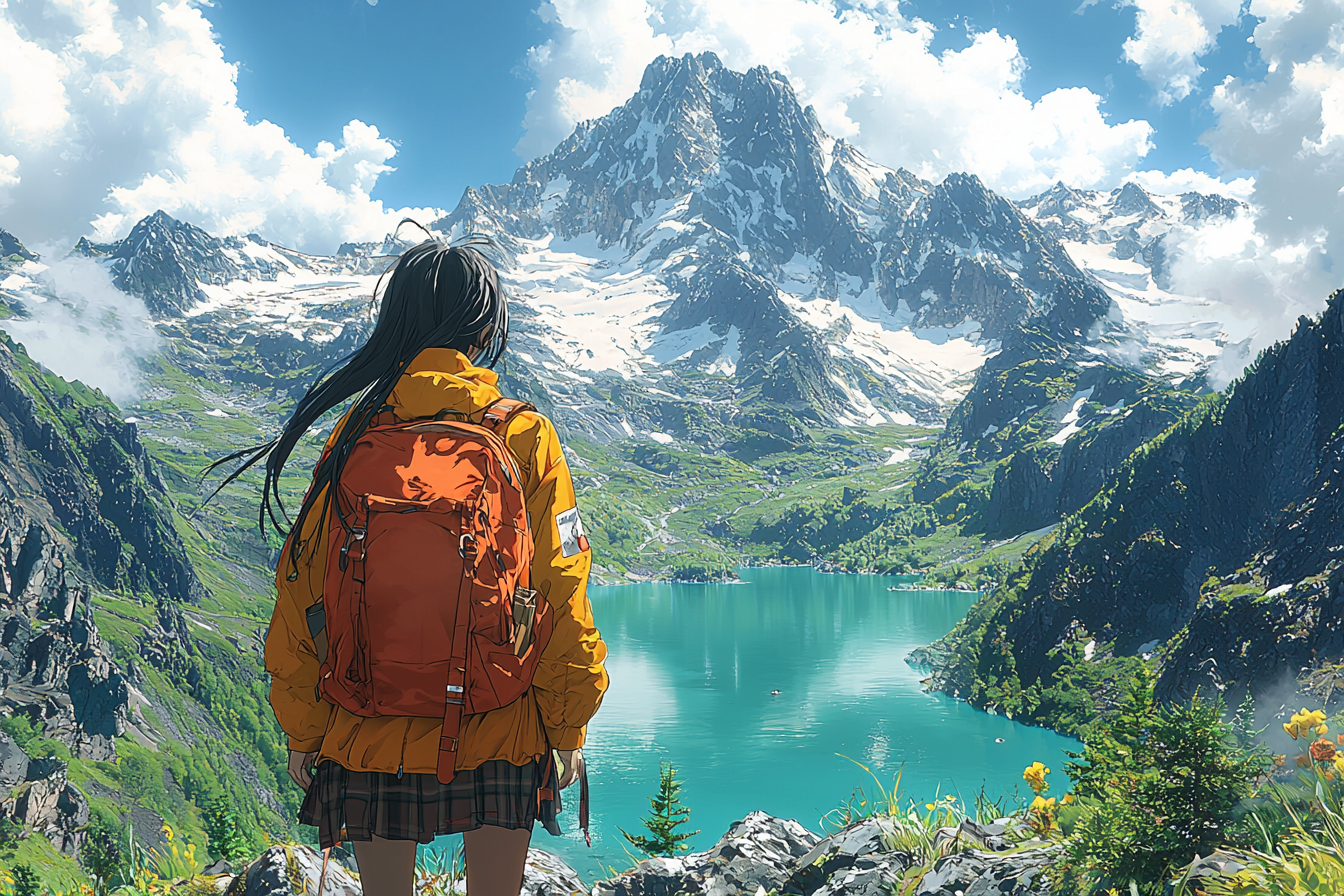 Asian girl in yellow jacket stands by teal lake.