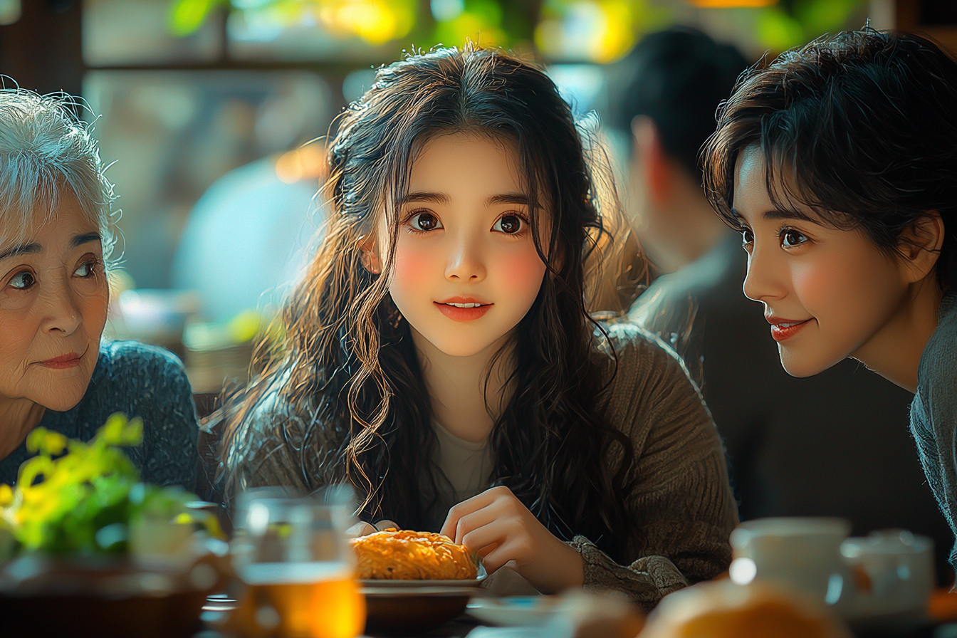 Asian girl lectured by parents at dinner table.