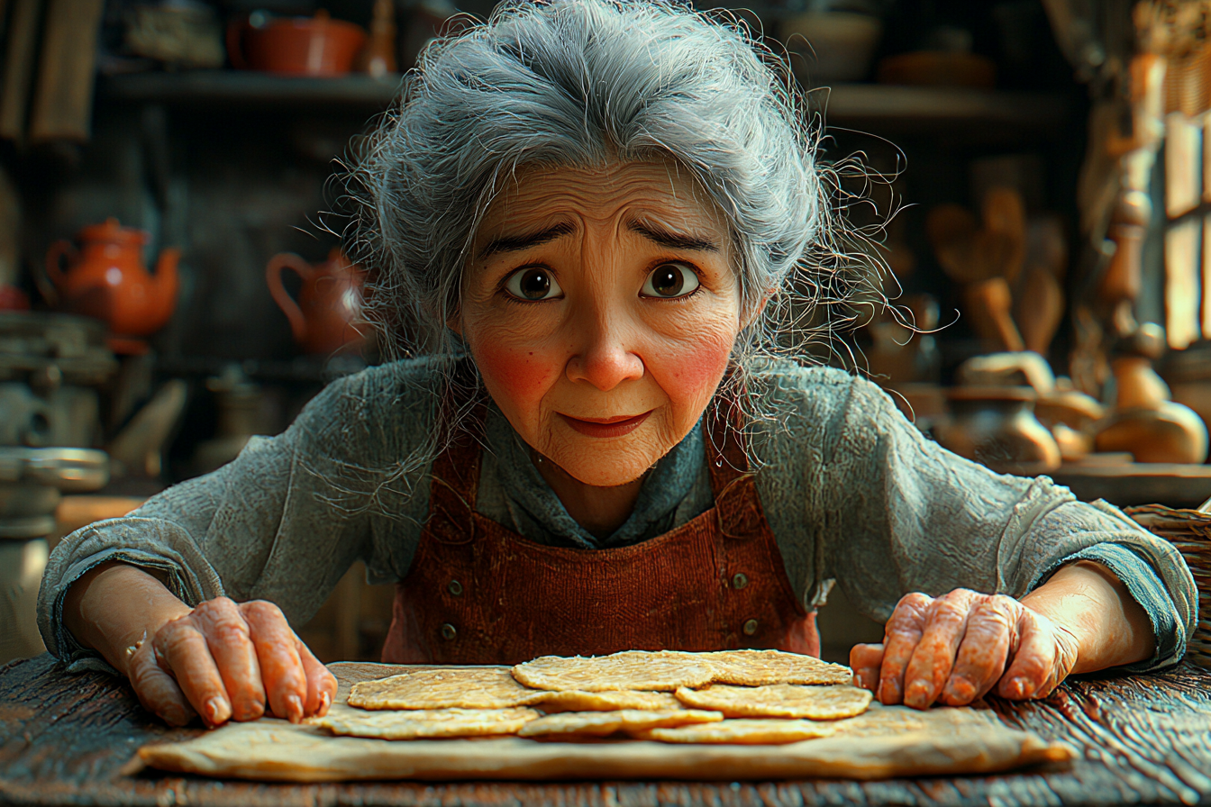 Asian girl makes tortillas with Spanish grandmas, animated beautifully.