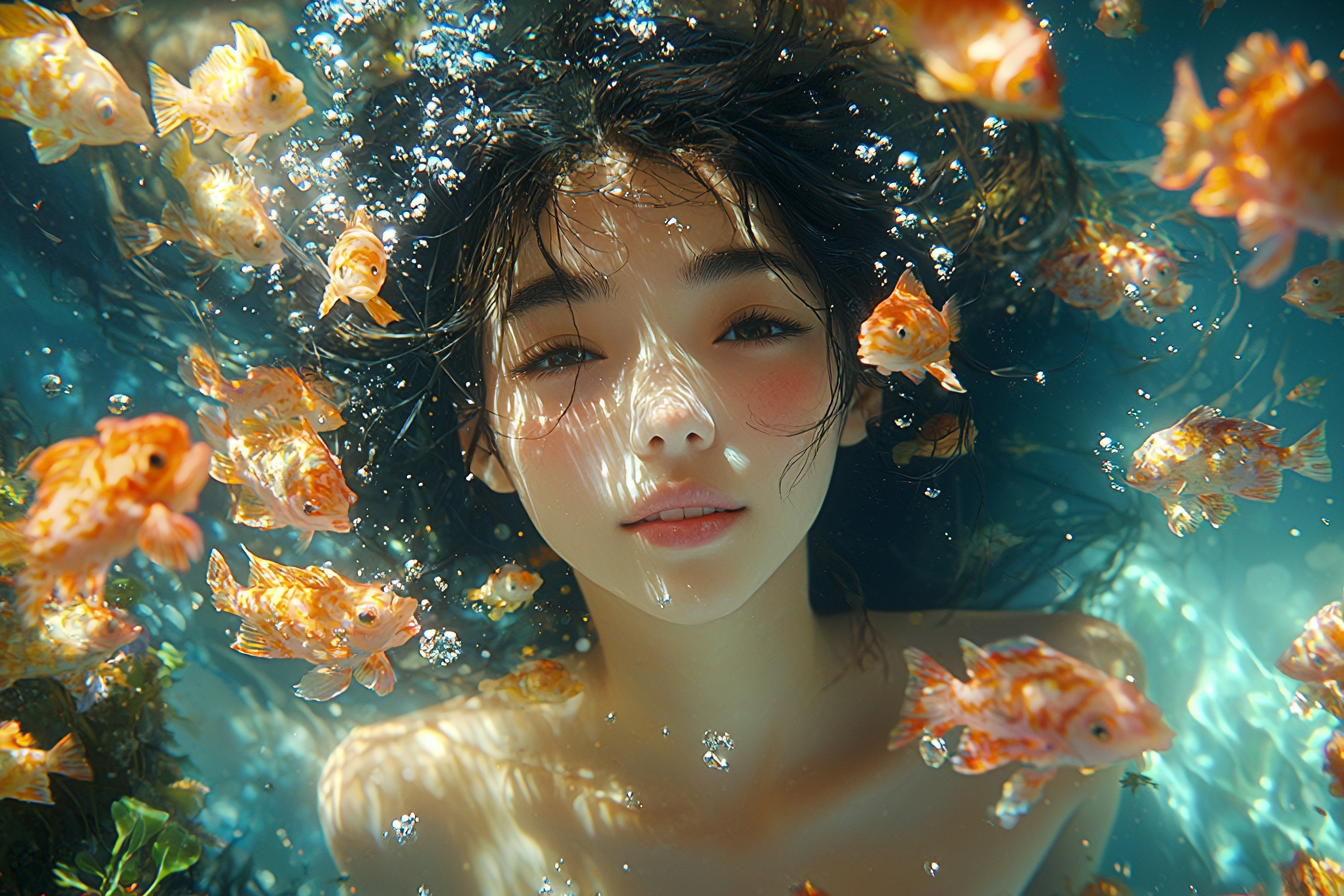 Asian girl scuba diving surrounded by colorful fish.