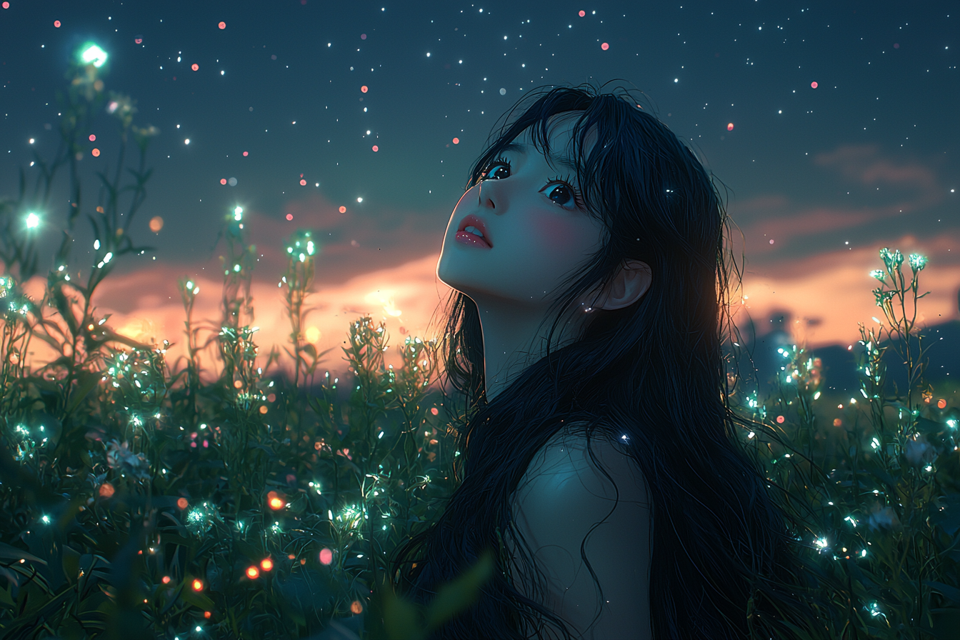 Asian girl with black hair staring at night sky.