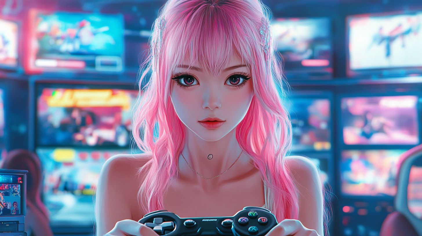 Asian girl with pink highlights plays video games.