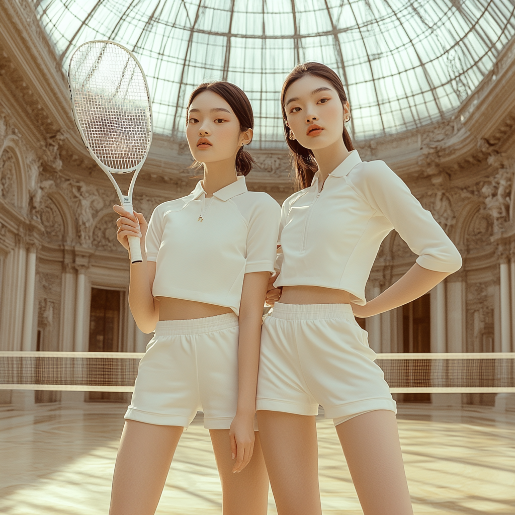 Asian girls wear white Hermes athleisure, duel in Paris.