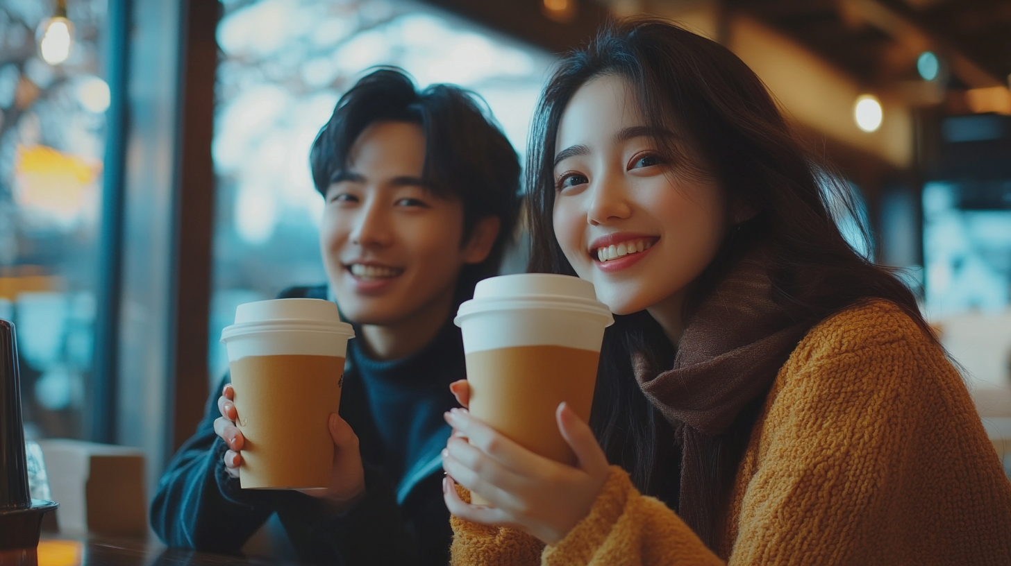 Asian man and woman smiling in coffee shop.