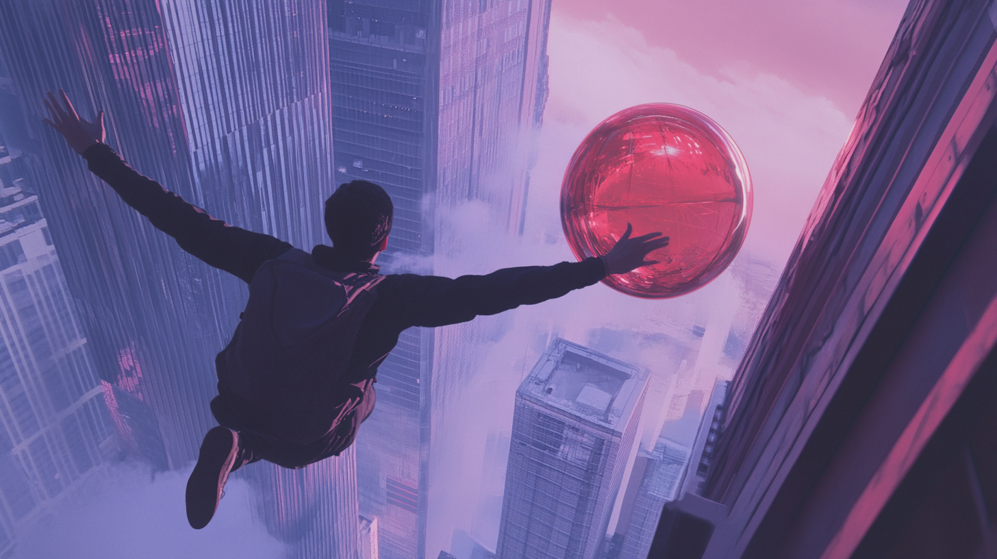 Asian man flying through city with red glass ball