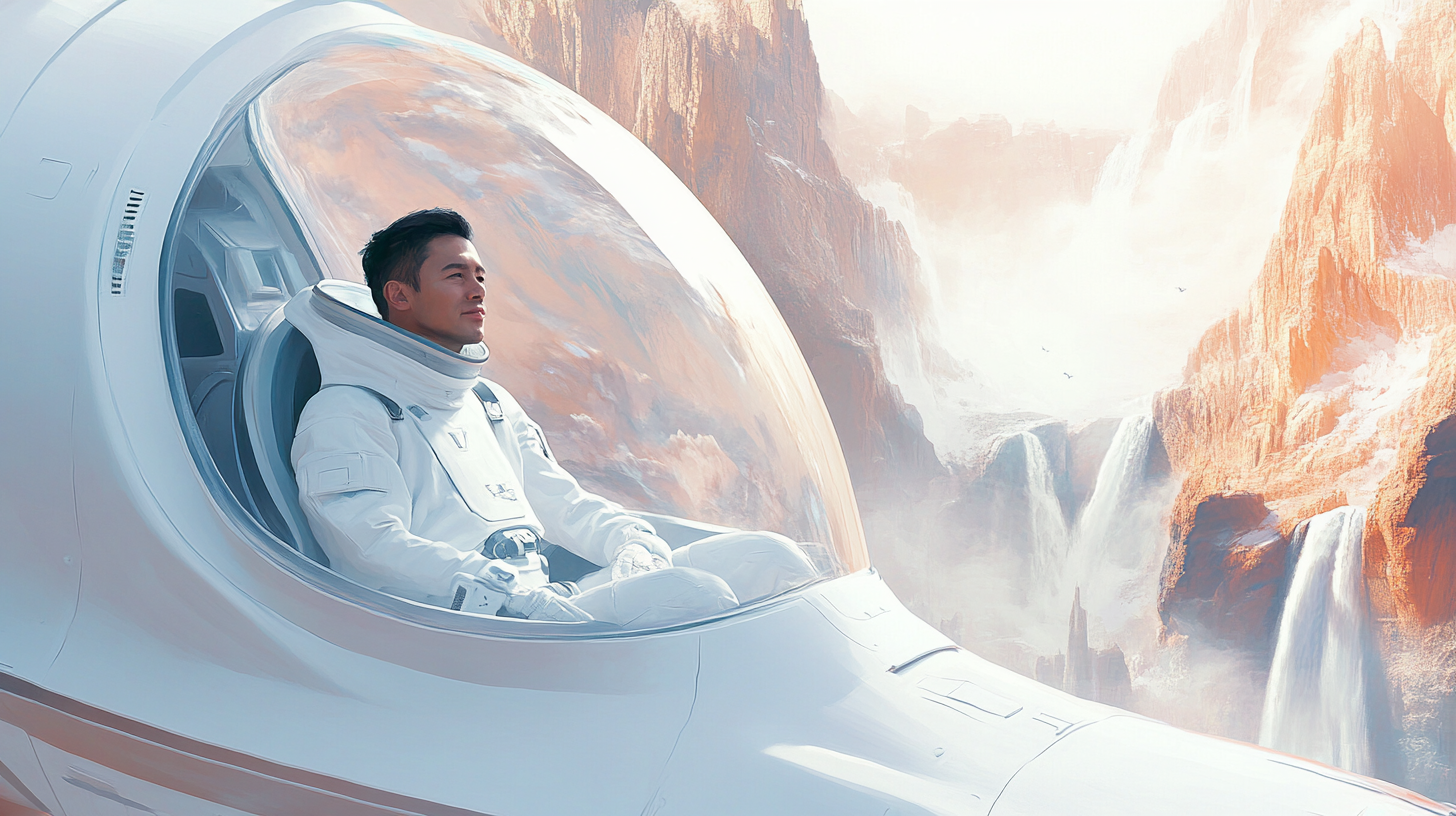 Asian man in 40s in space suit, mountains view.