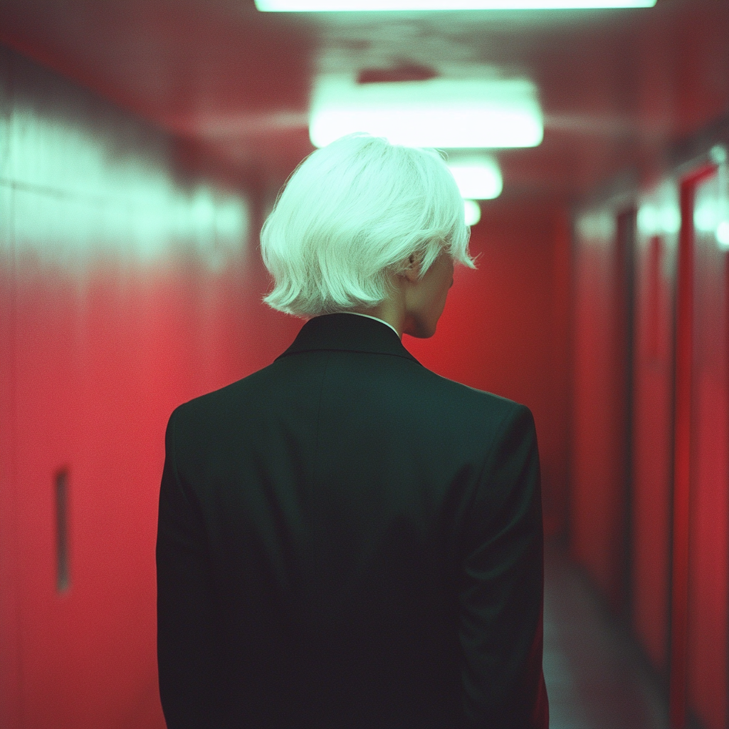 Asian man with white hair in broad-shouldered suit walking