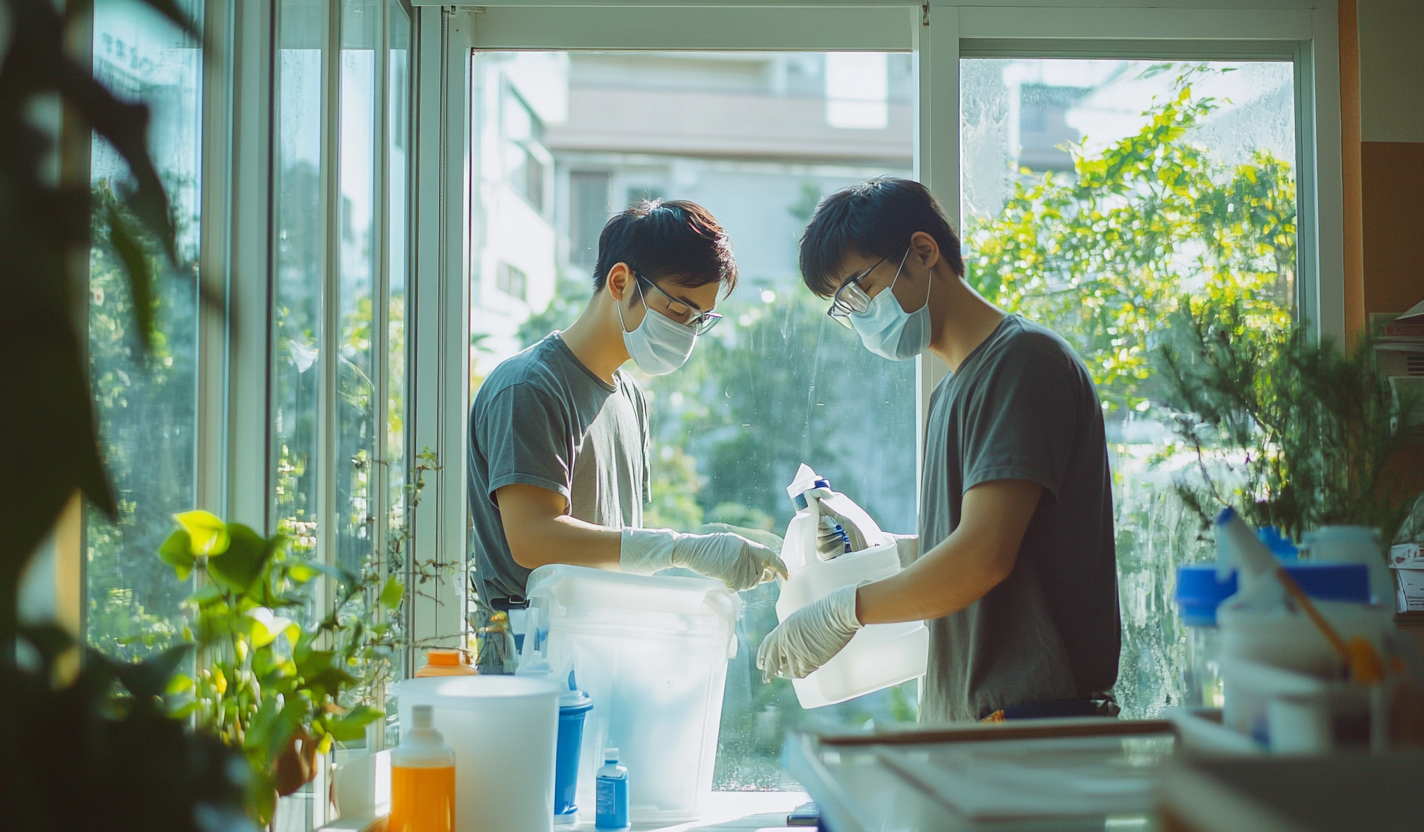 Asian men cleaning windows in bright, organized environment.