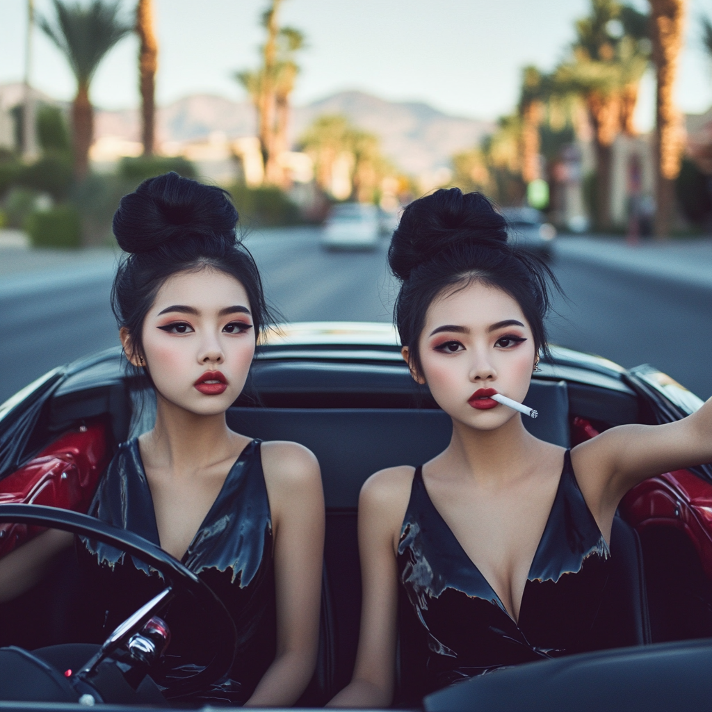 Asian twins in black silk dresses driving sports car