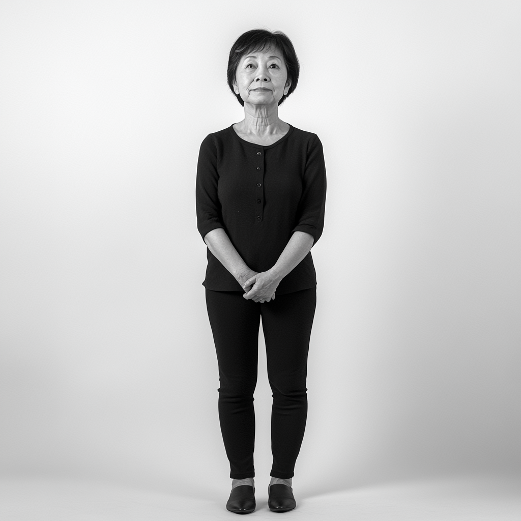 Asian woman, 59, confident, hopeful, standing on white background