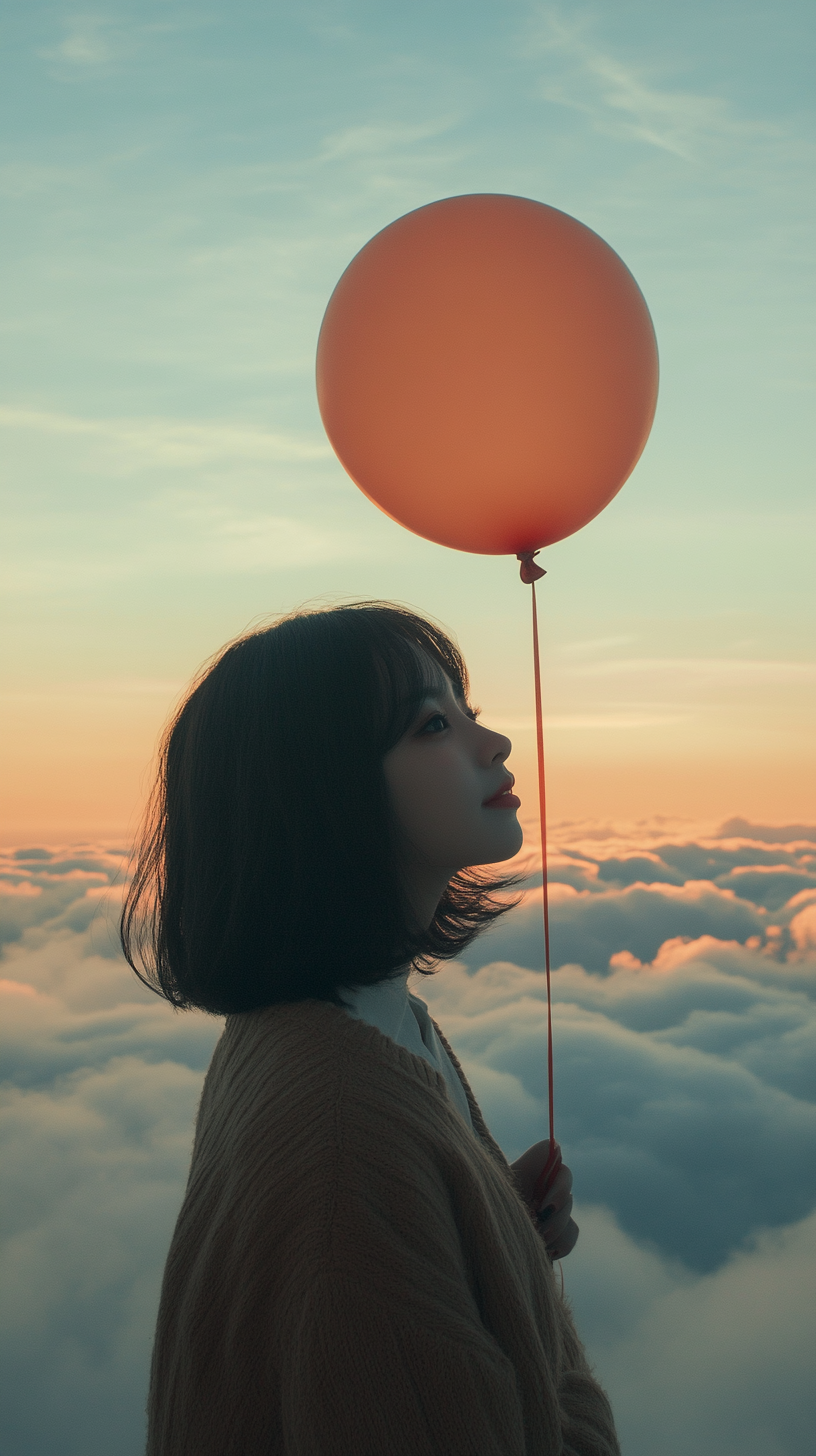 Asian woman, black hair, clouds, balloon, National Geographic style.