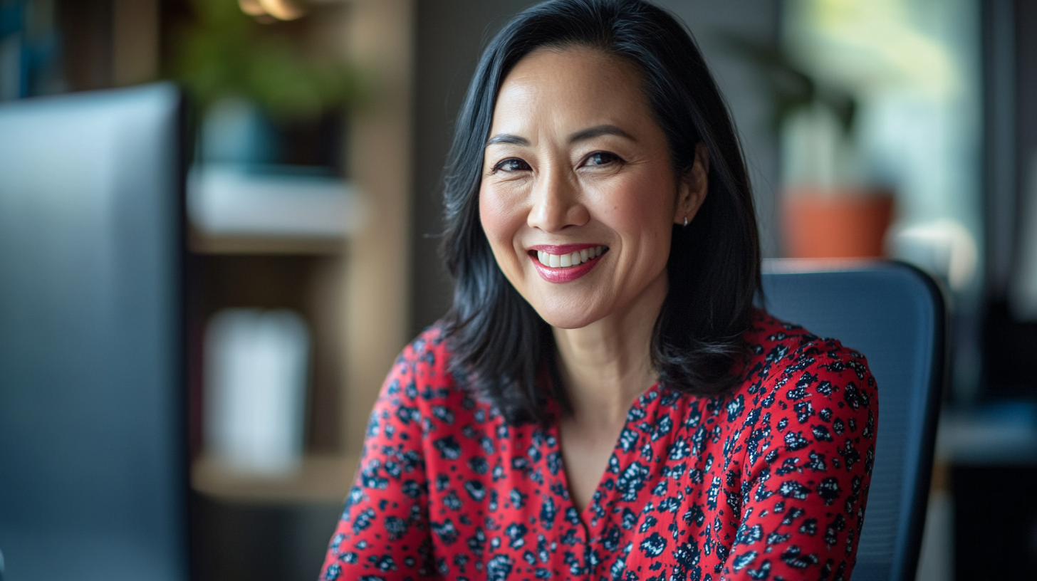 Asian woman (40) smiling in virtual meeting collaboration with DSLR camera, warm lighting.