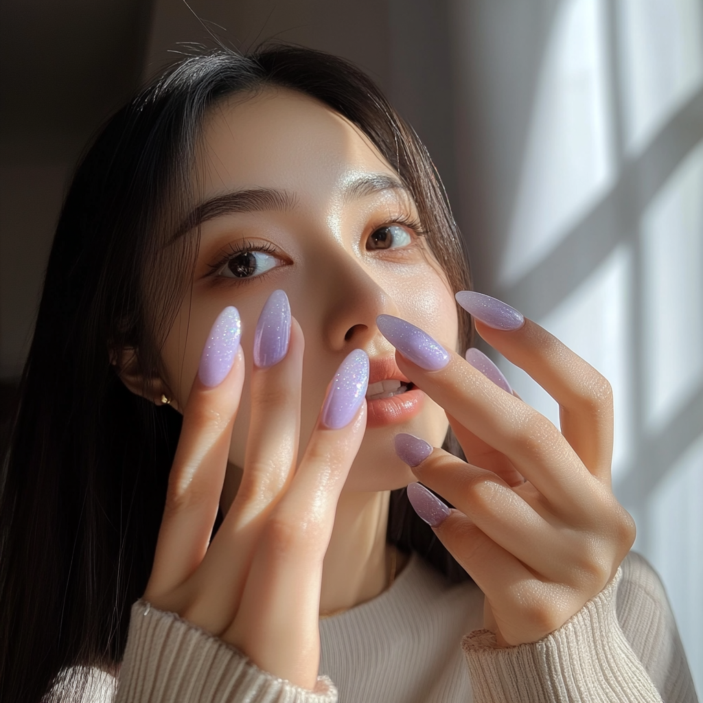 Asian woman in beige top showing lavender nails.