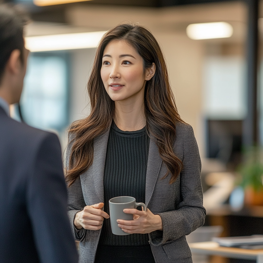 Asian woman in office listening with coffee mug