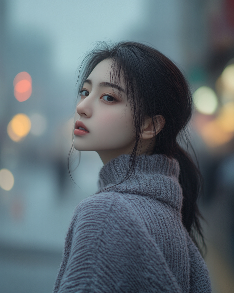 Asian woman in oversized sweater with hyperrealistic eyes.