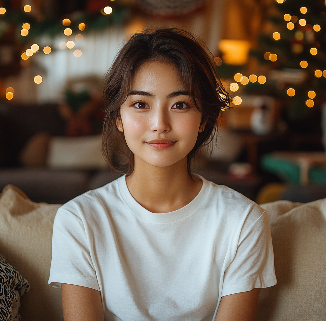 Asian woman in white t-shirt with Christmas decorations.