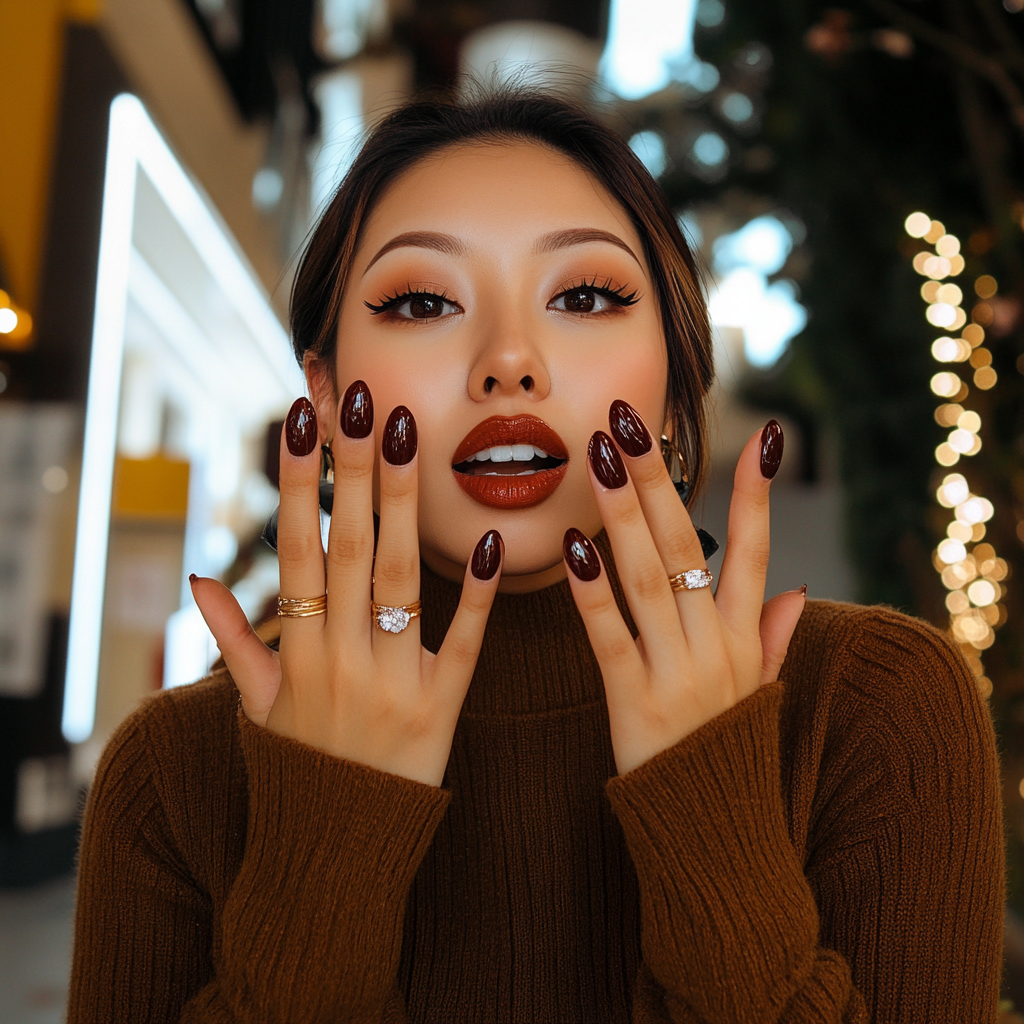 Asian woman showing glossy merlot colored almond-shaped nails.