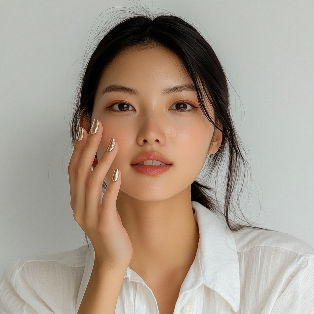 Asian woman showing new nails, gold accent line, neutral pink base, casual white top, candid photo.