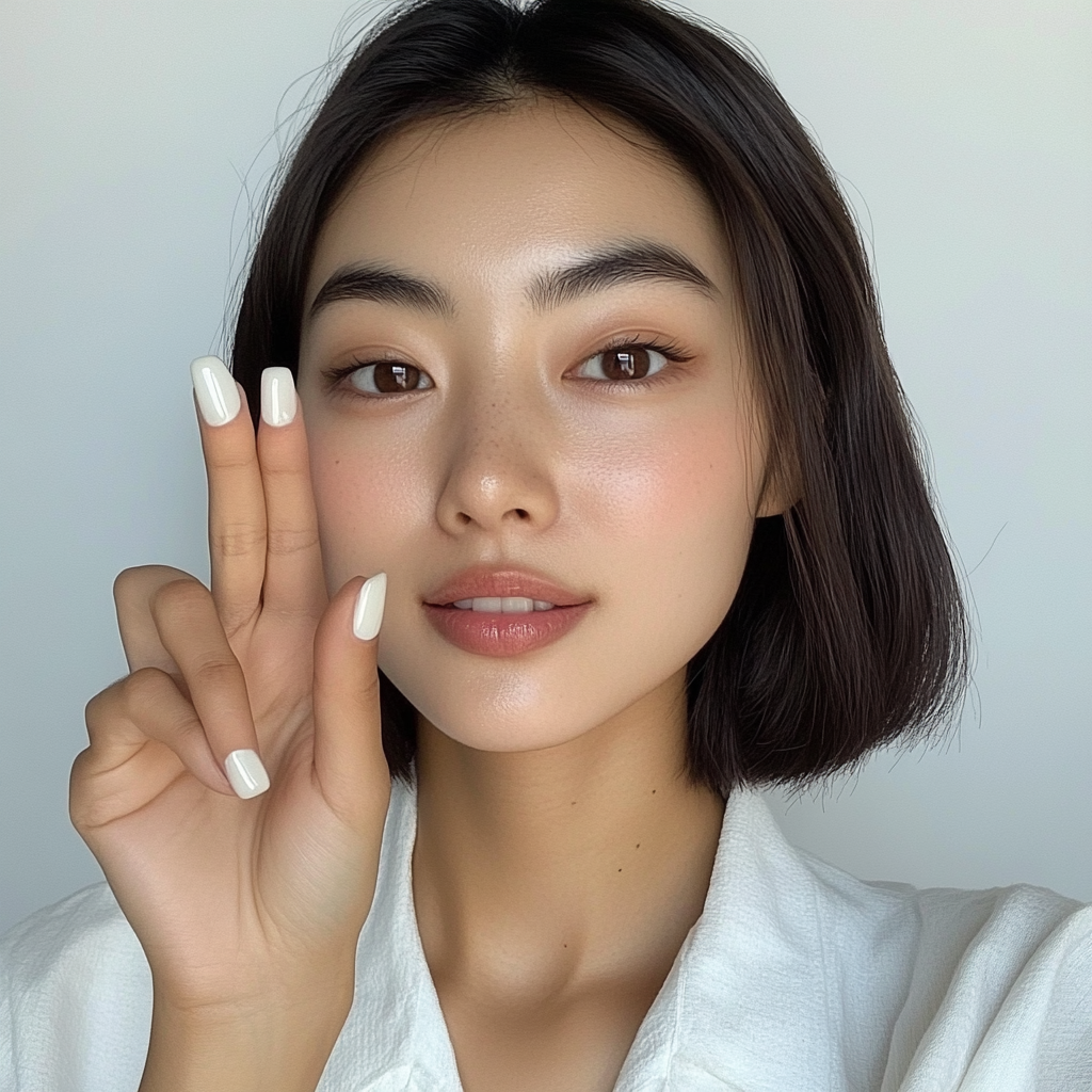 Asian woman shows off glossy white nails candidly.