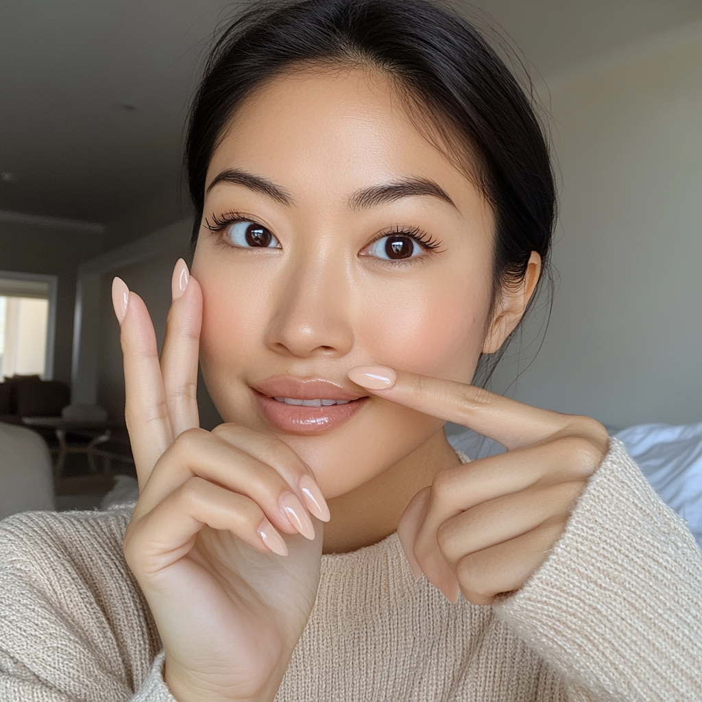 Asian woman shows off peach colored almond nails.