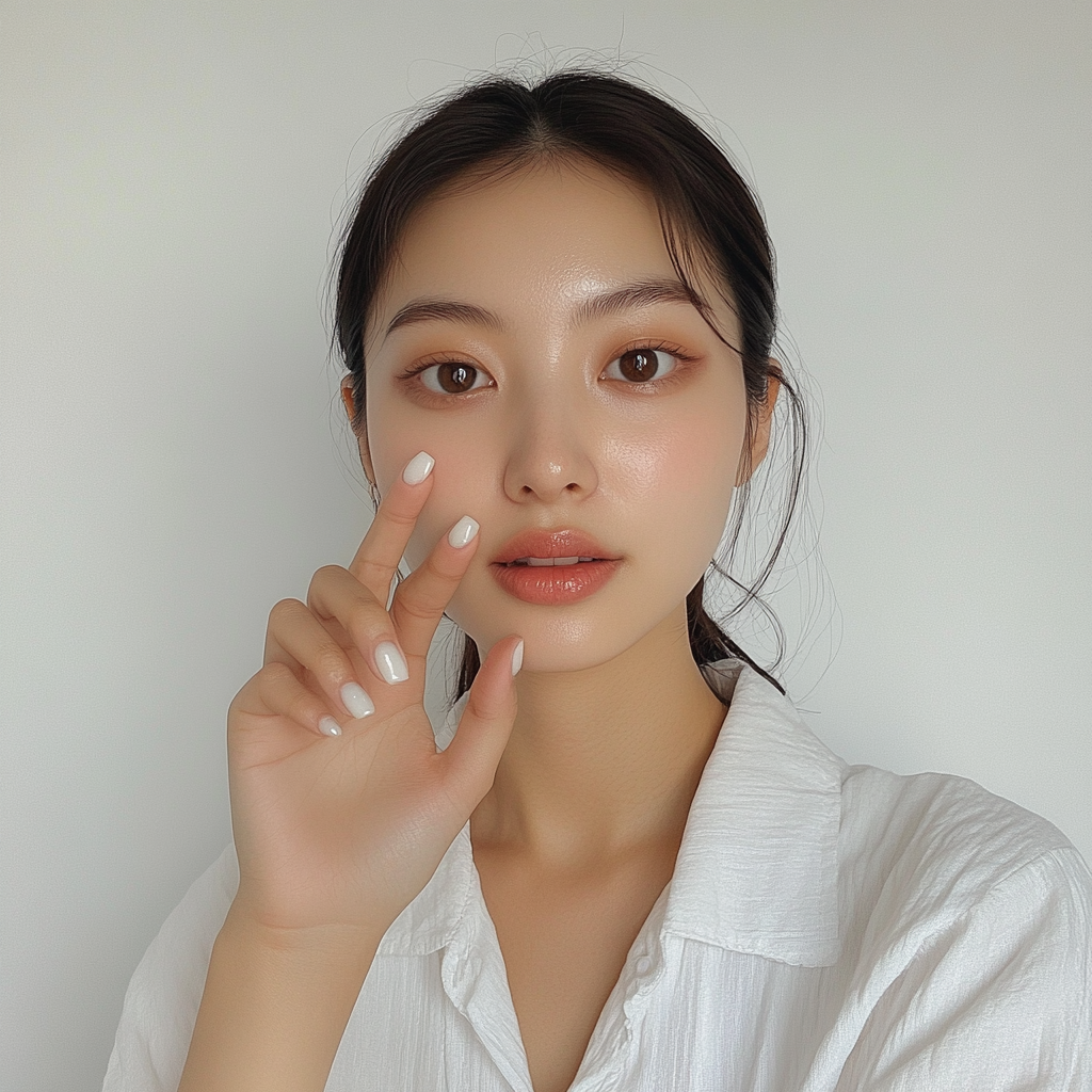 Asian woman shows off pearlescent white nails candidly.