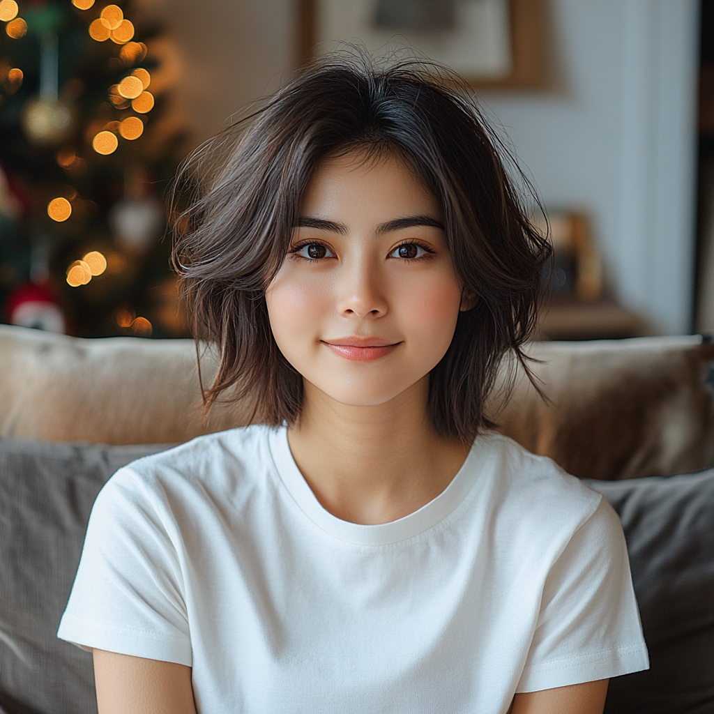 Asian woman smiling wearing white t-shirt and lounging.