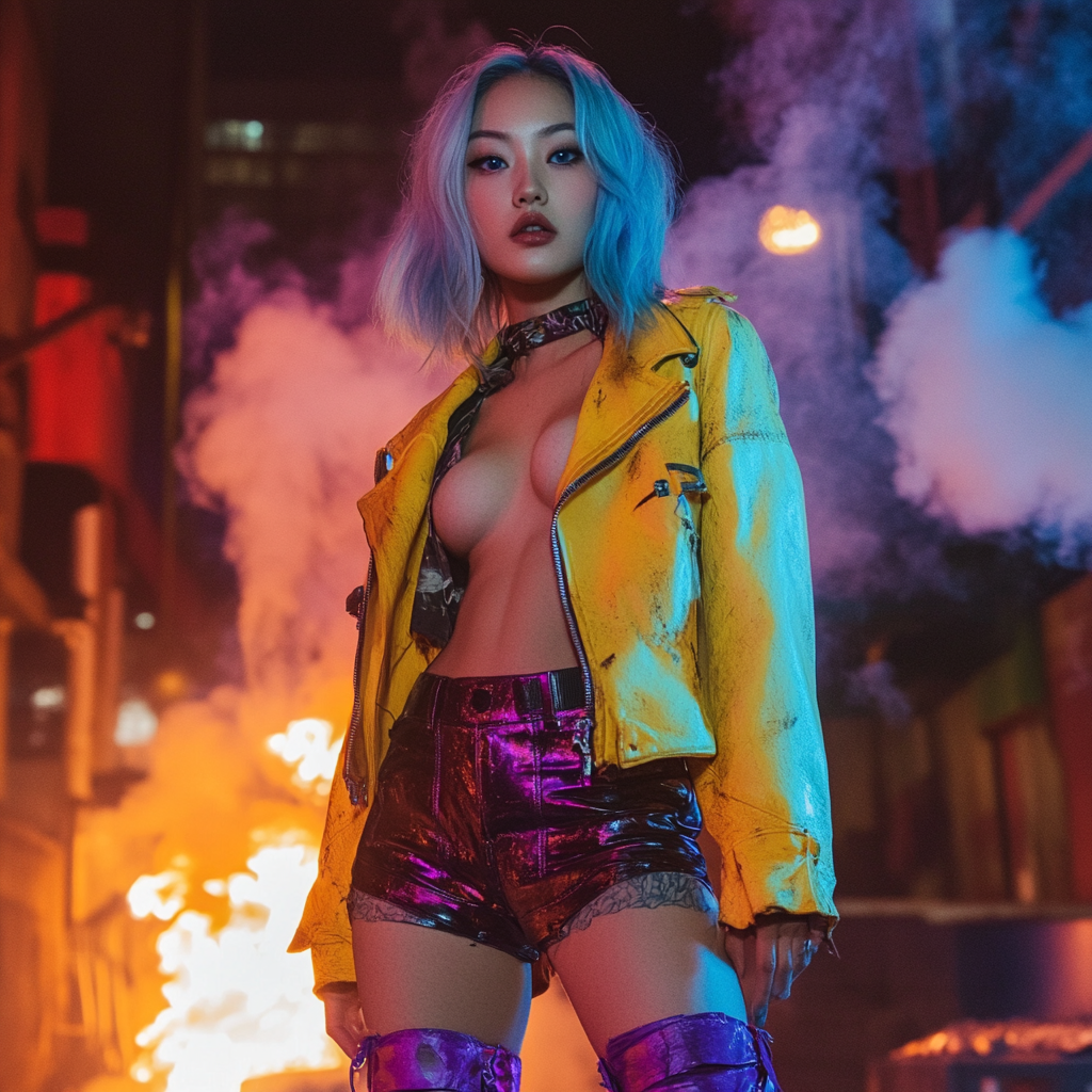 Asian woman with blue hair and baby blue eyes in purple boots and yellow jacket, standing in front of fire and smoke.