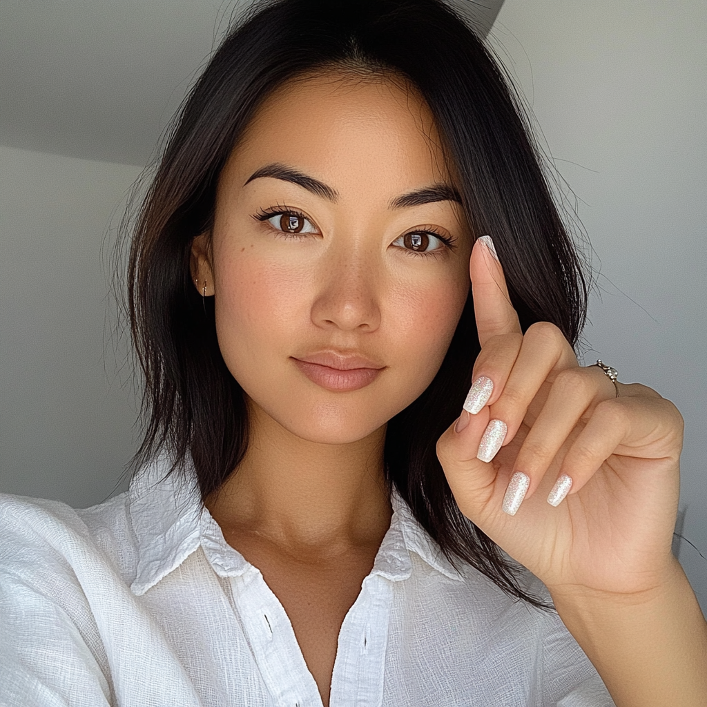 Asian woman with white iridescent nails, casual clothing.