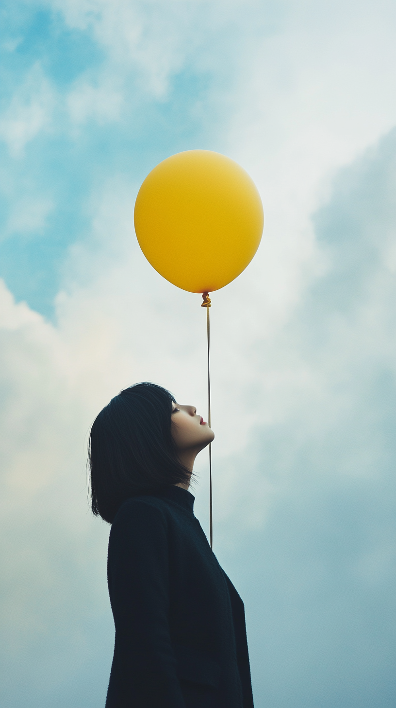 Asian woman with yellow balloon in cloudy sky.