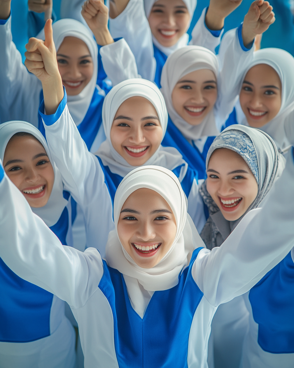 Asian workers in blue and white uniforms winning sports.