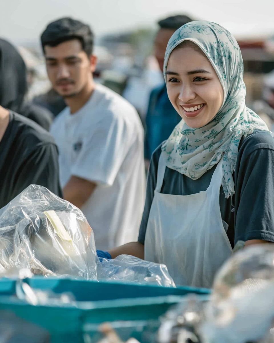 Asian workers in hijab collect trash joyfully.