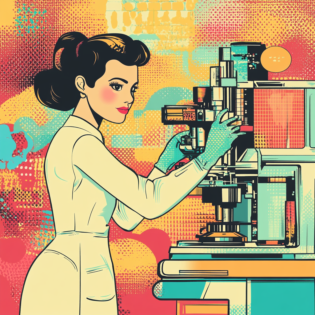 Assistant in colorful lab: surreal pop art cartoon