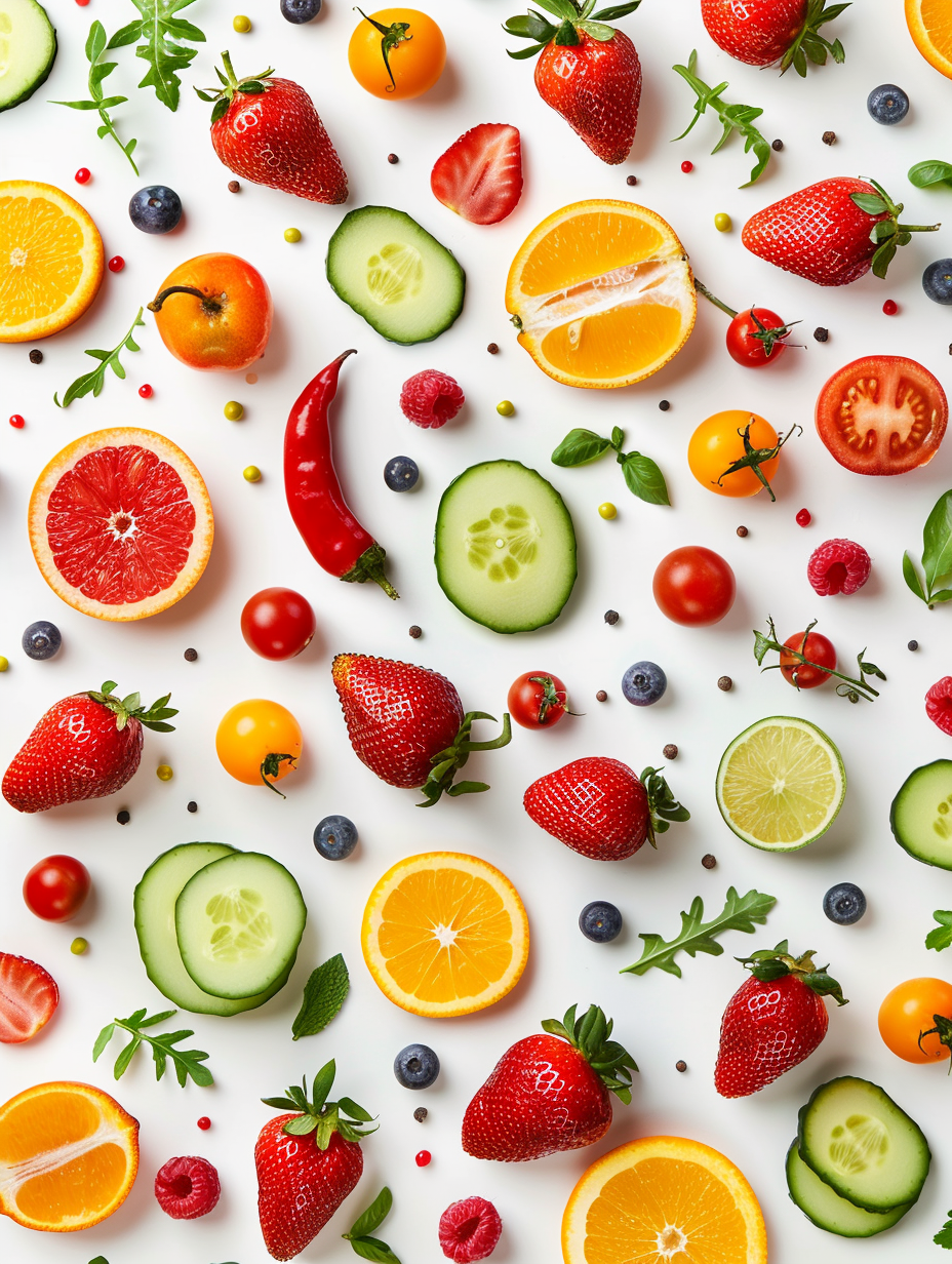 Assorted Fresh Fruits and Vegetables on White Background