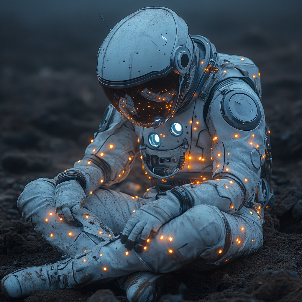 Astronaut Sitting on Dirt with Glowing Suit Buttons