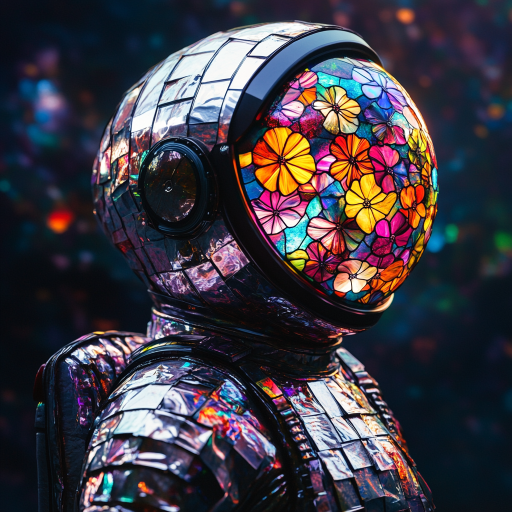 Astronaut Woman Stained Glass Flowers Space Light HD Photo