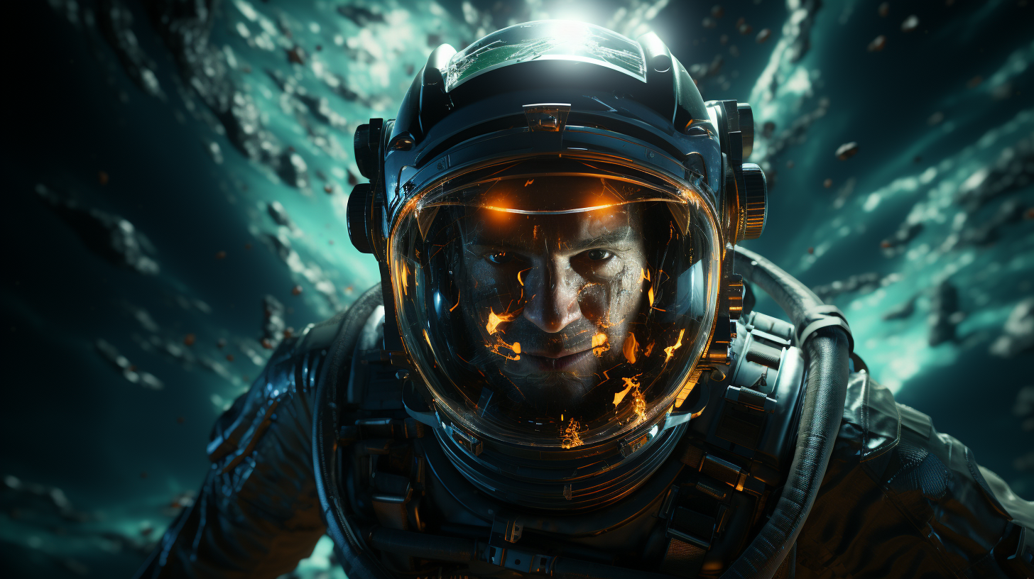 Astronaut absorbed by green light in space.