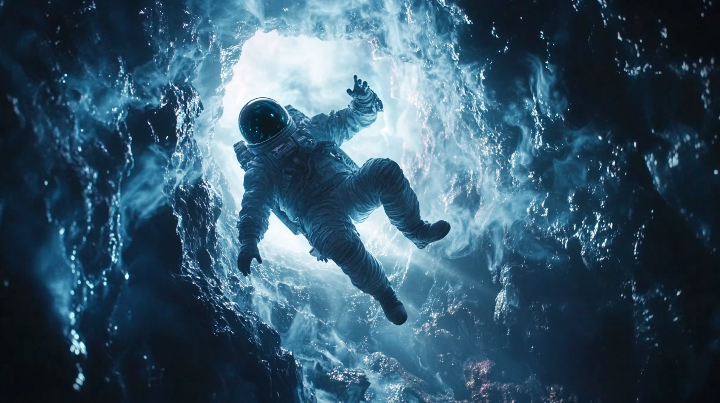 Astronaut climbing out of wormhole in space