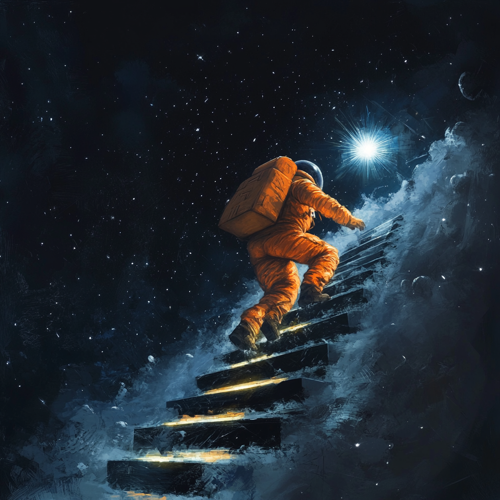 Astronaut climbs glowing steps towards star in space. 