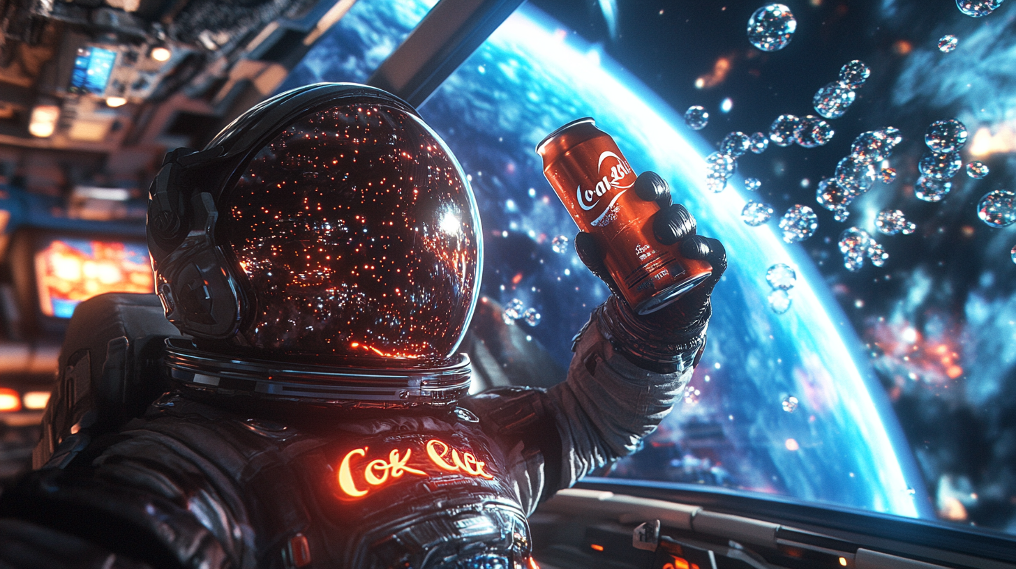 Astronaut drinks Coke Zero in futuristic space setting.