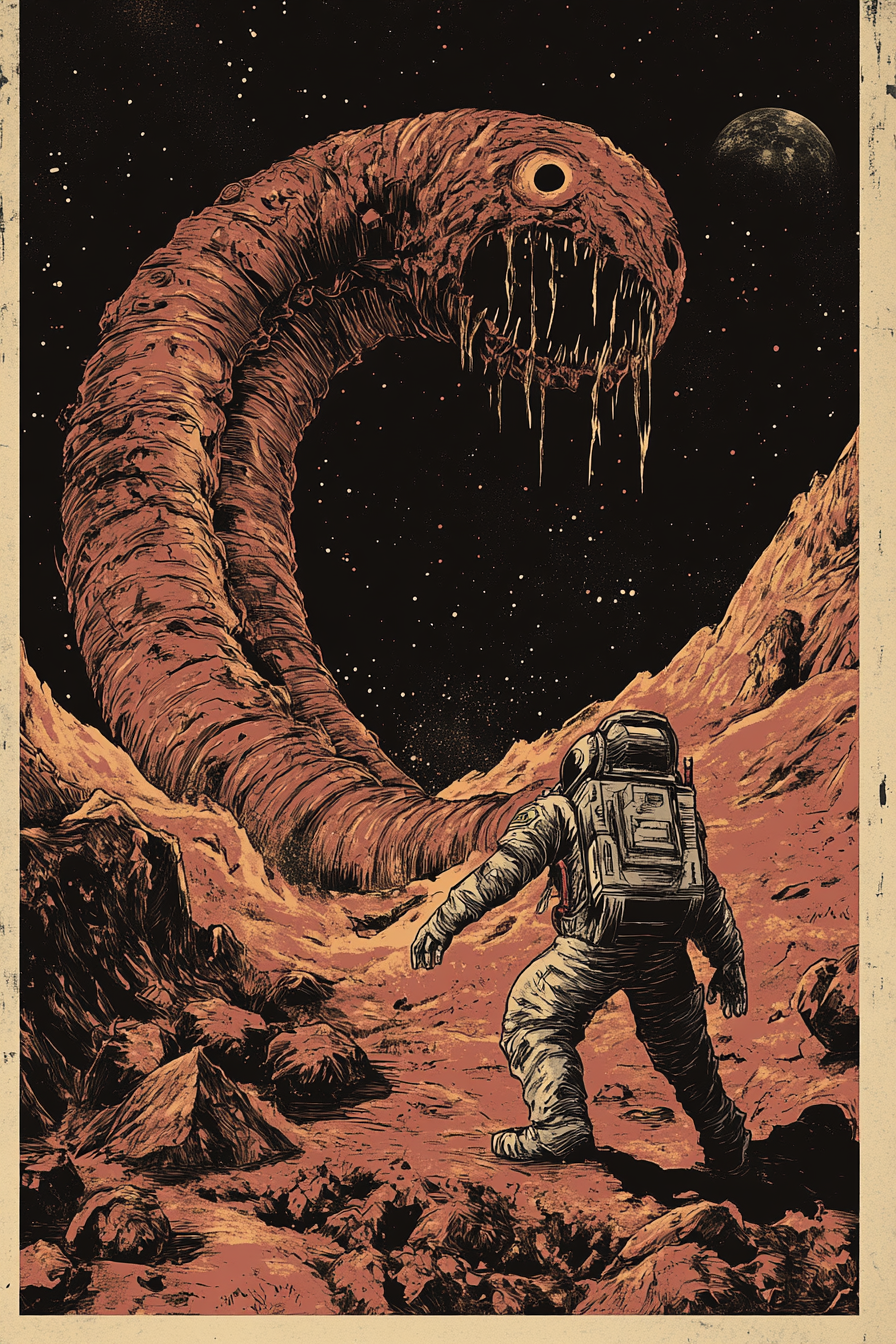 Astronaut faces giant worm on Mars in artwork.